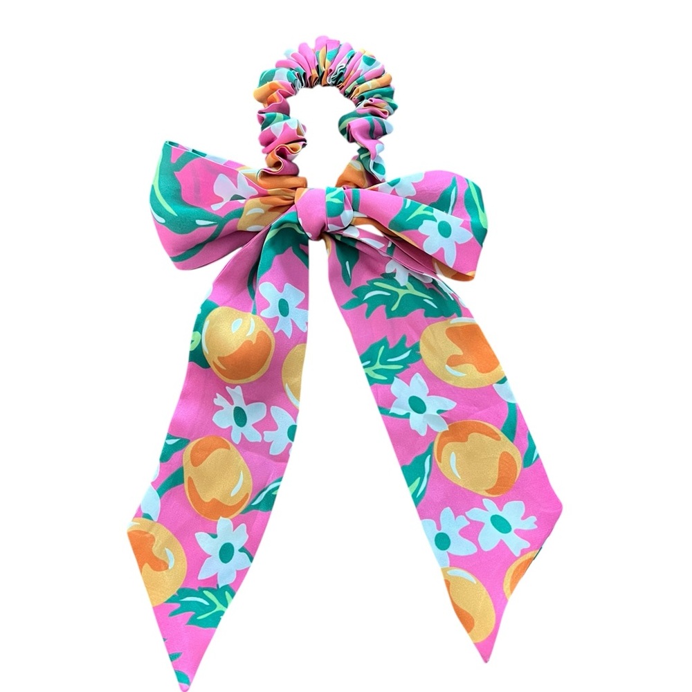 Draper James Floral Pink Orange Hair Scrunchie Accessory with Bow - Picture 3 of 4